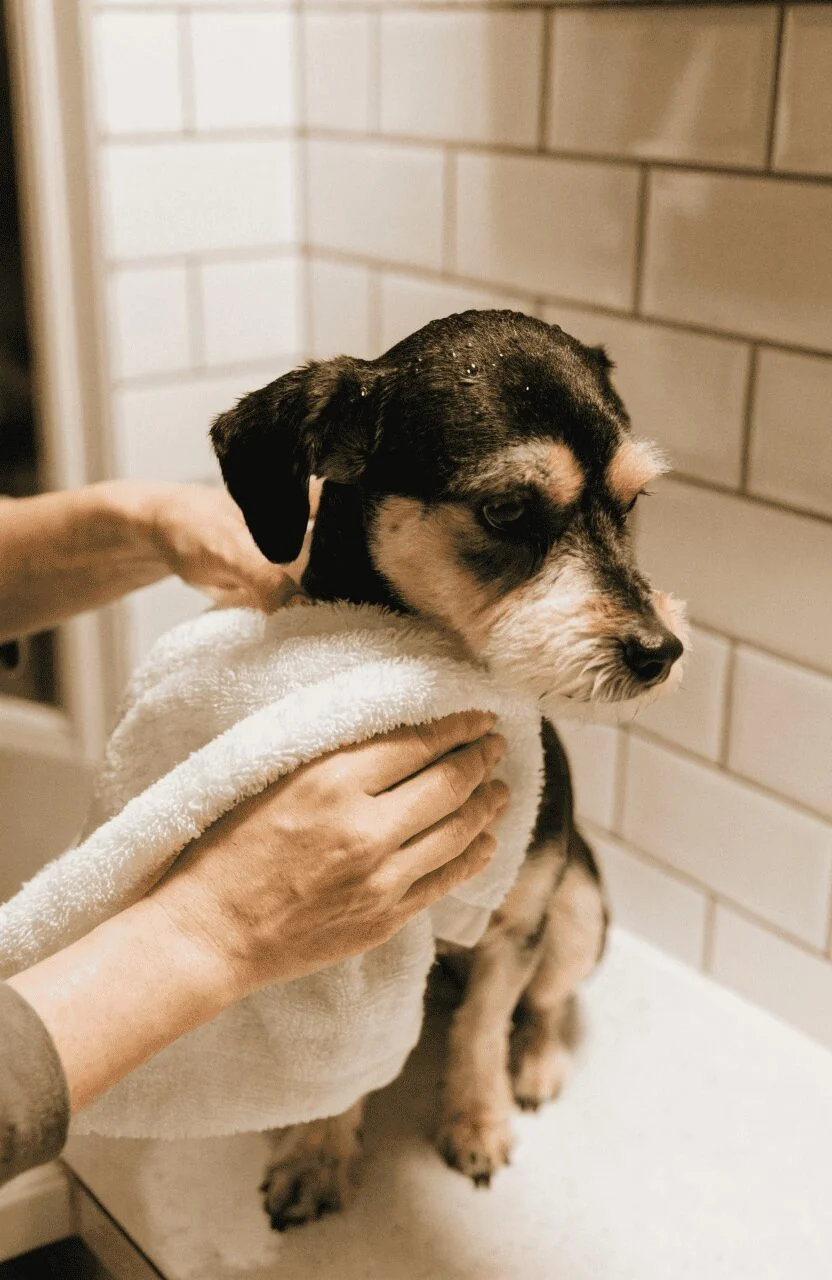 Havanese after bath with kennel cut being towel dried