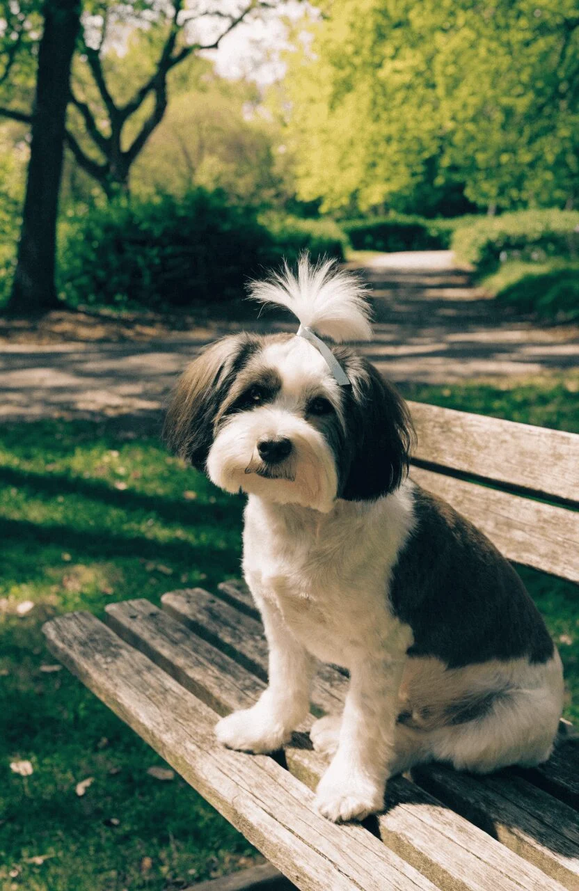 Havanese with top knot sitting on park bench