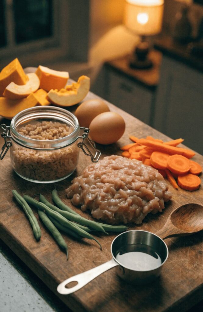 Ingredients laid out for homemade dog food for senior dogs
