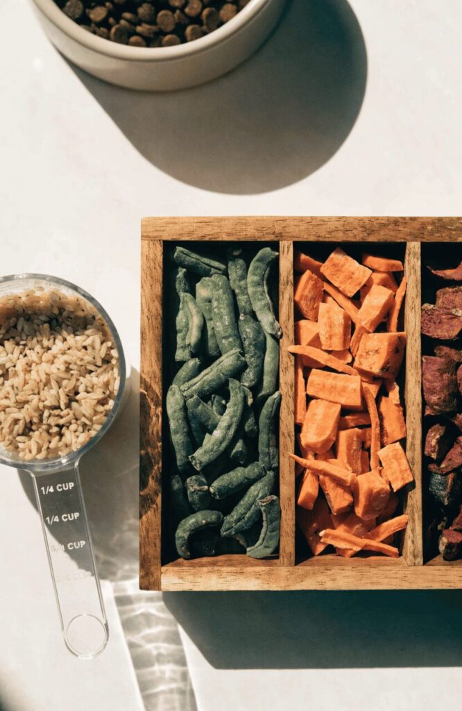 homemade dehydrated dog food mix with green beans carrots sweet potato