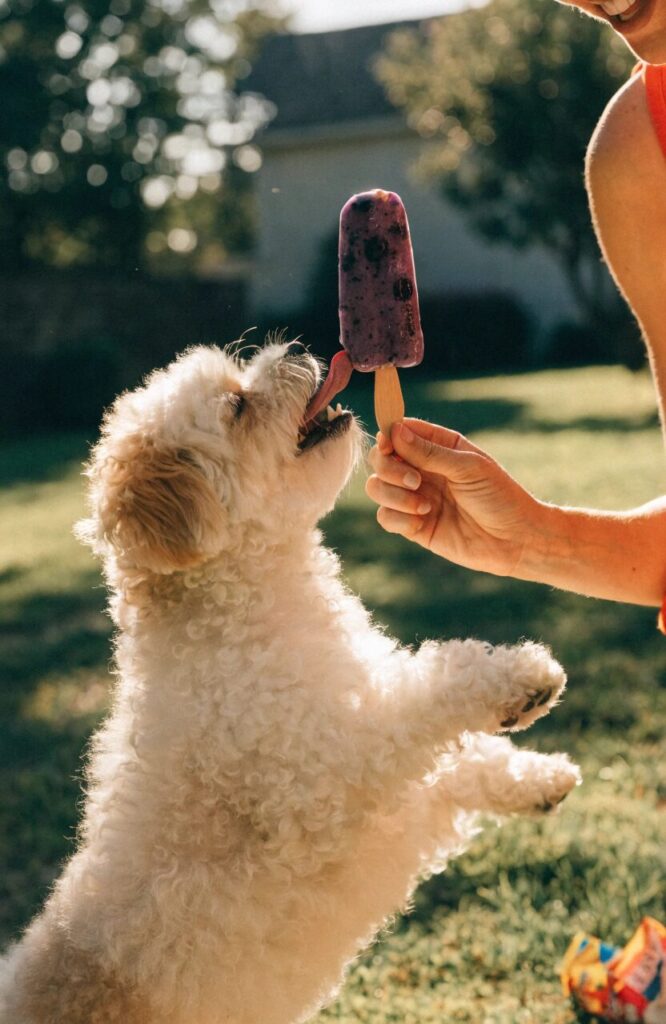homemade frozen blueberry yogurt dog treats as honey-free pupsicles on sticks