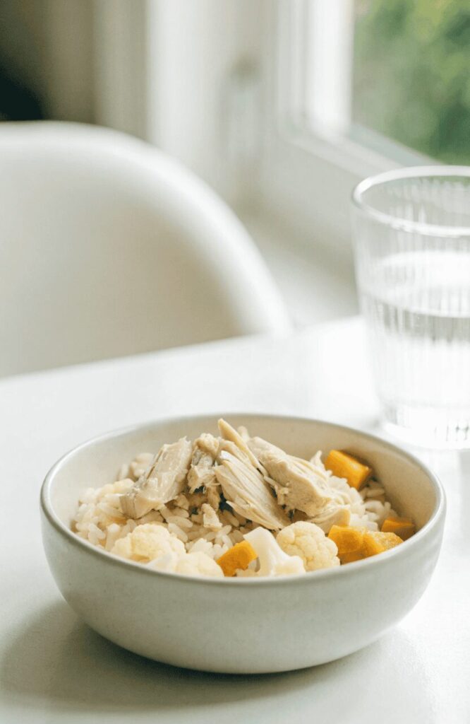 Low sodium senior dog food in bright kitchen setting