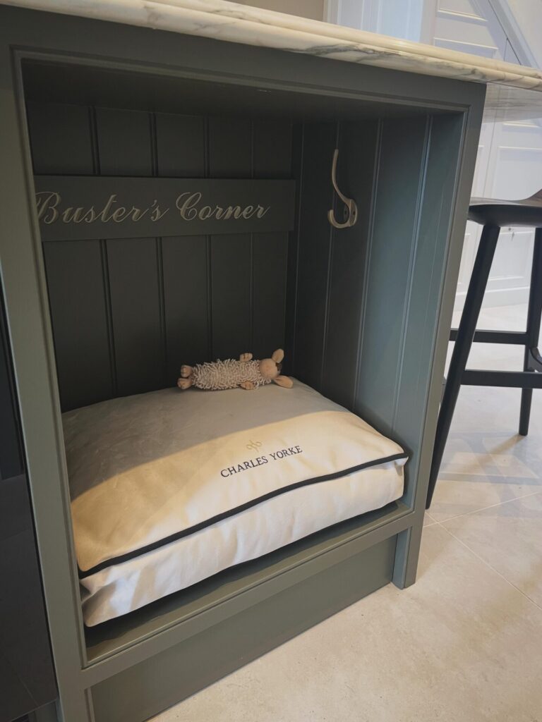 built-in dog bed ideas kitchen island corner named Busters Corner with beadboard paneling