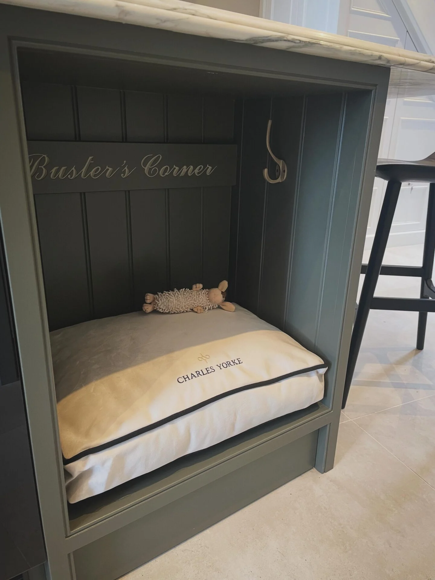 built-in dog bed ideas kitchen island corner named Busters Corner with beadboard paneling
