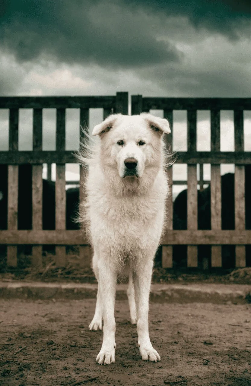 Kuvasz best guard dog for farms standing at gate in stormy weather