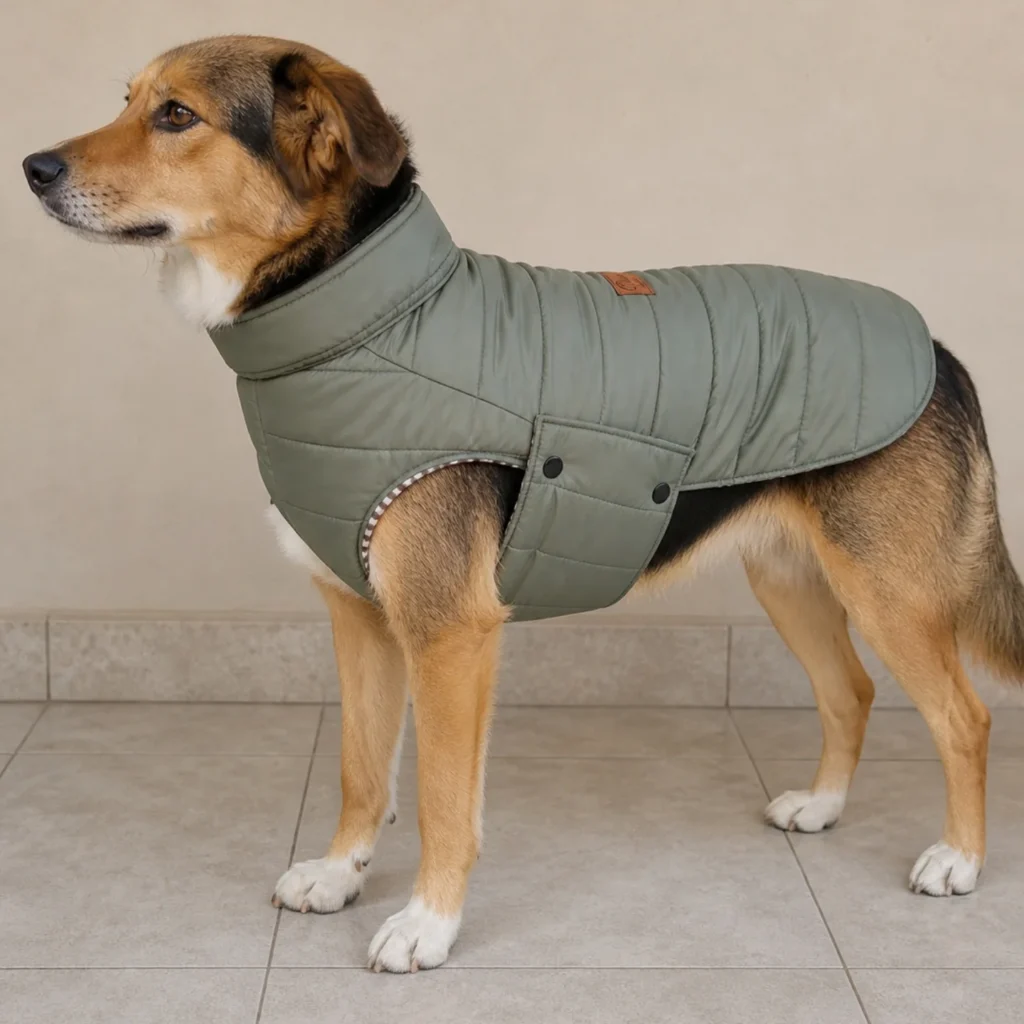 large mixed breed dog wearing handmade olive green quilted puffer dog vest with high collar