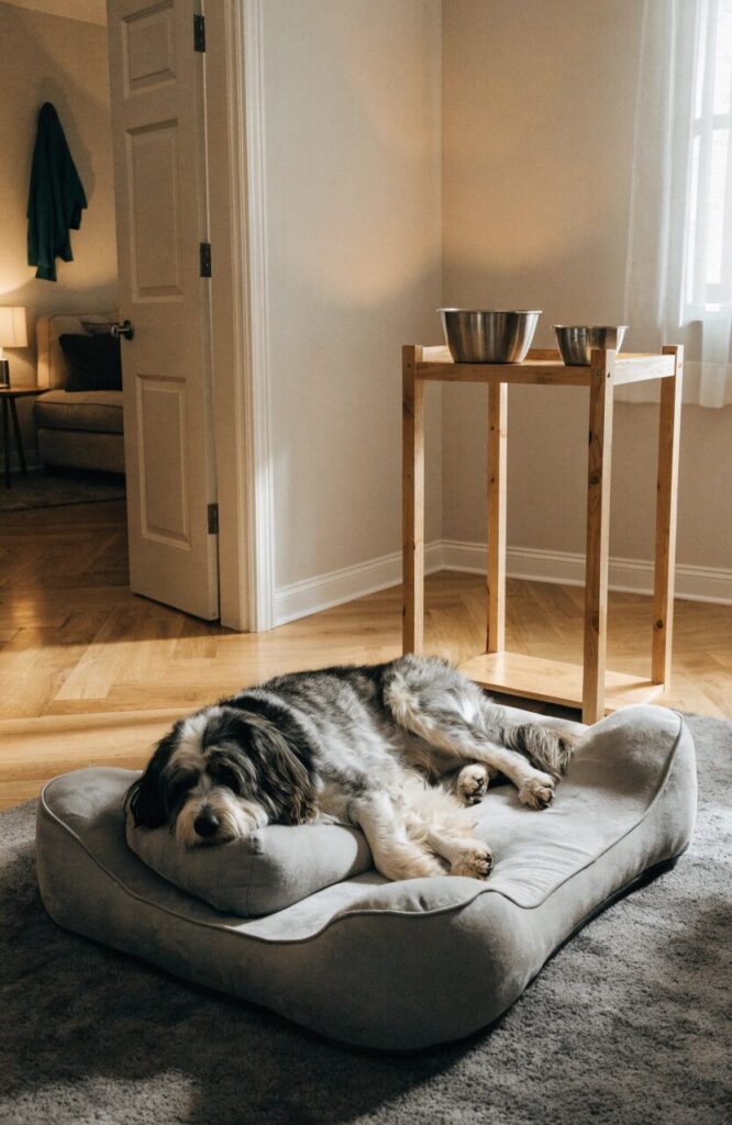 large dog breed corner with orthopedic bed elevated bowls and rug