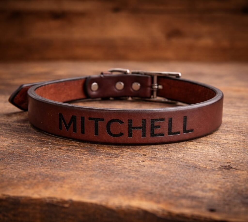 Laser engraved personalized leather dog collar with dog name Mitchell in bold block letters on dark brown leather