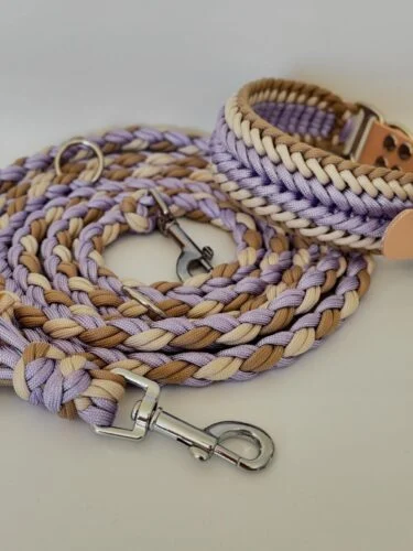 lavender and cream braided dog collar and leash set with silver clasps