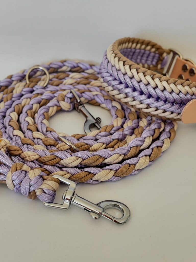 lavender and cream braided dog collar and leash set with silver clasps