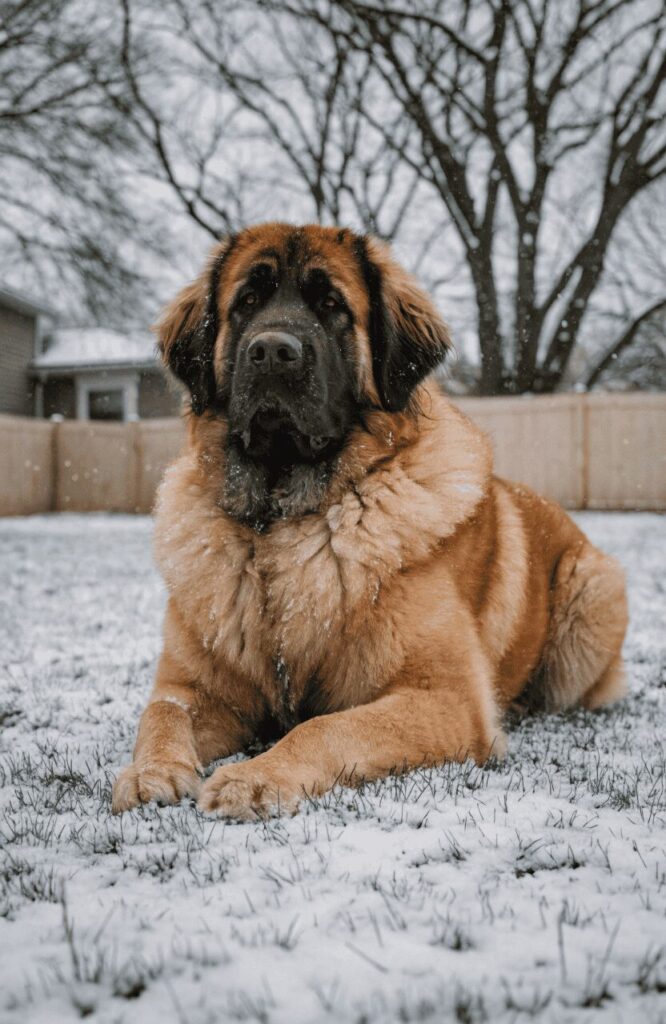 large brown Leonberger fluffy dog in winter snow