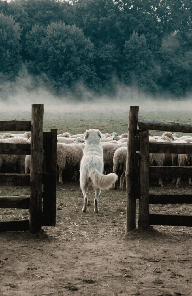 livestock guard dog breed standing between sheep flock and forest