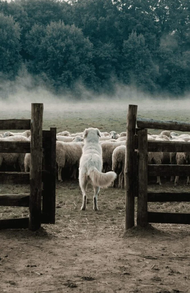 livestock guard dog breed standing between sheep flock and forest