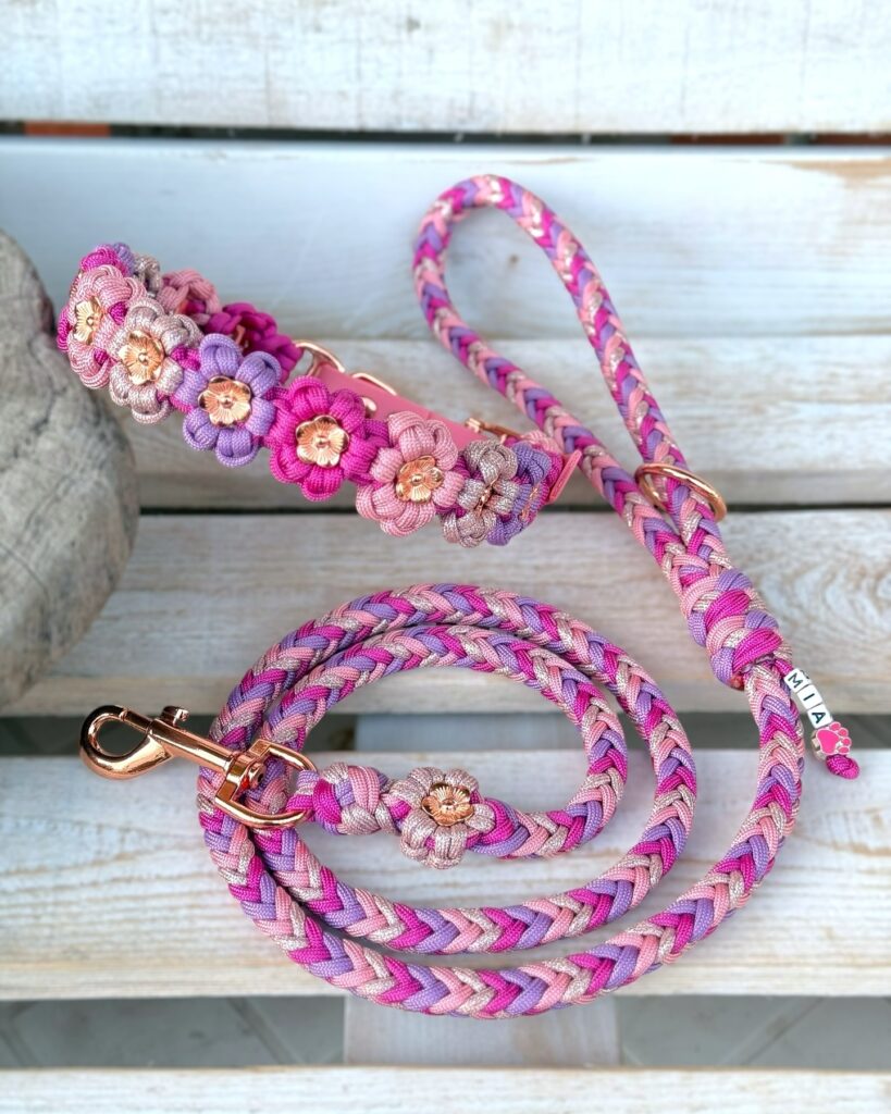 luxury floral macrame dog collar with rose gold snap hook