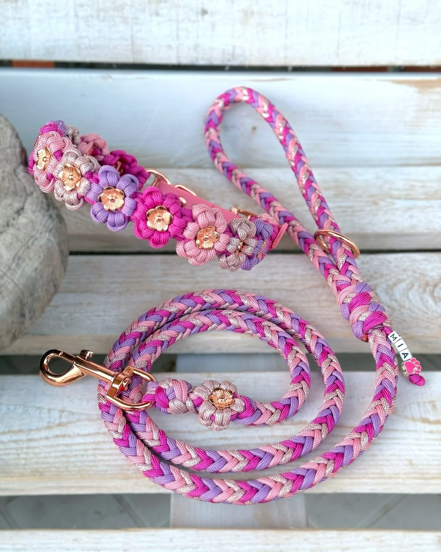 luxury floral macrame dog collar with rose gold snap hook