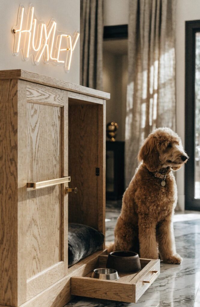 luxury dog corner with premium wood crate custom name sign and built in feeding drawer