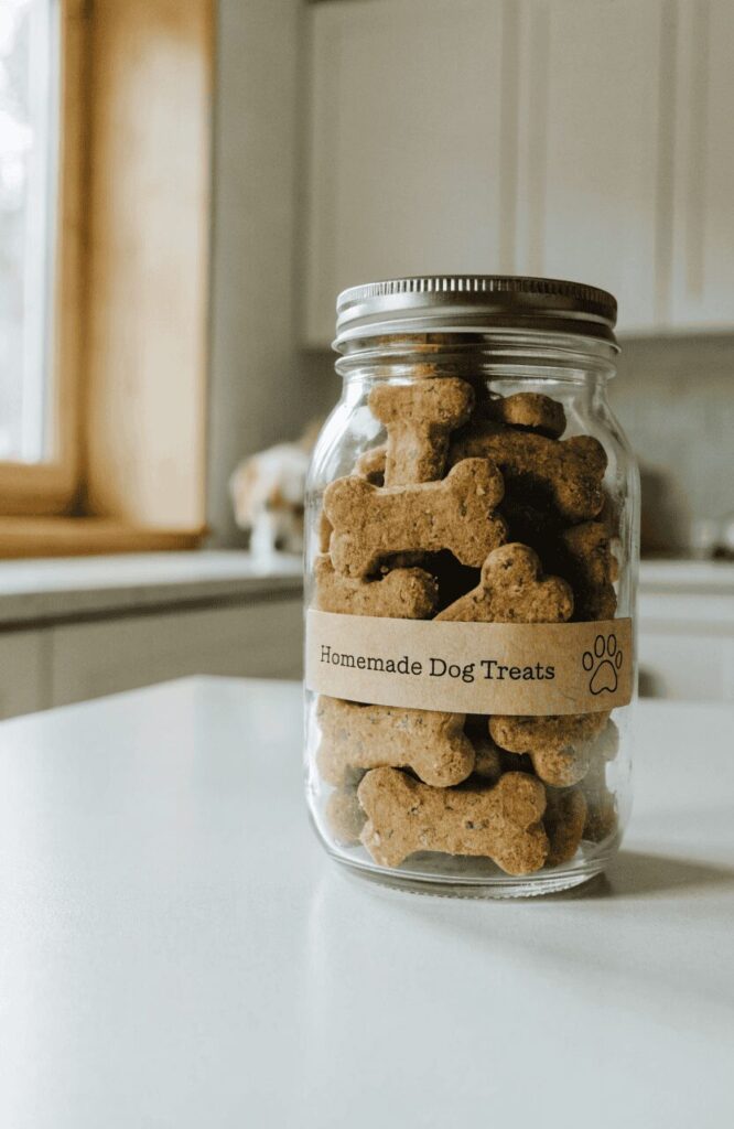 glass mason jar with printed label filled with homemade dog biscuits on counter