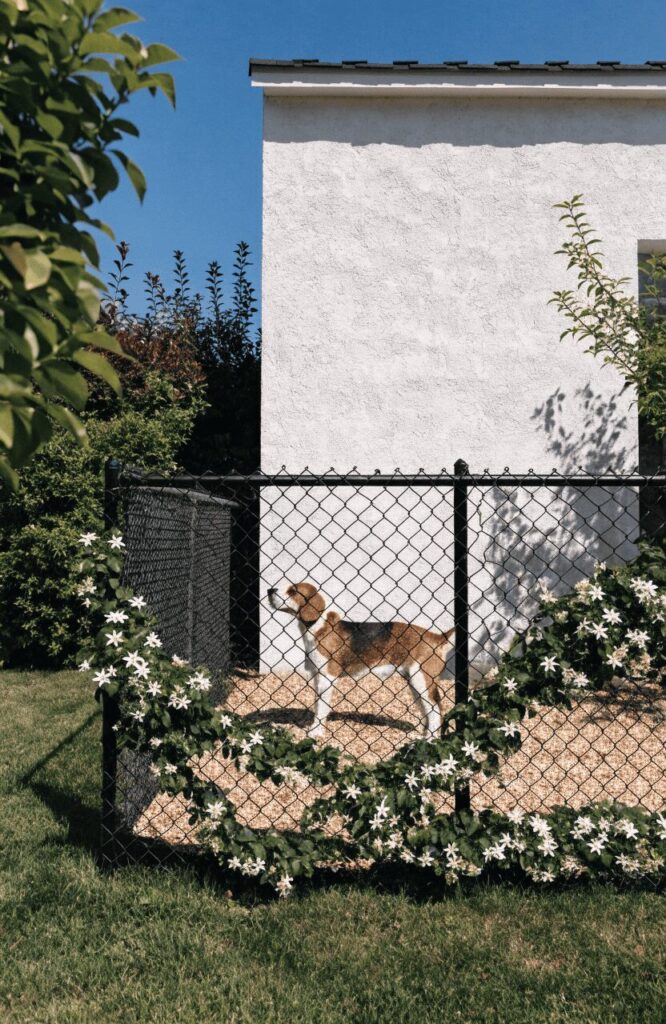 Repainted matte black chain-link fence side yard dog run with climbing vines