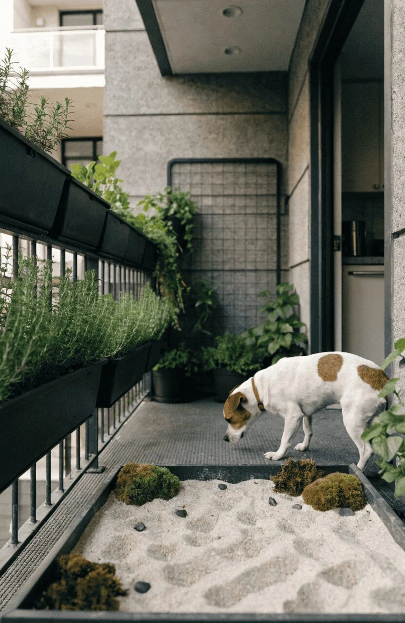 a mini dog sensory garden idea with vertical planters on a small balcony