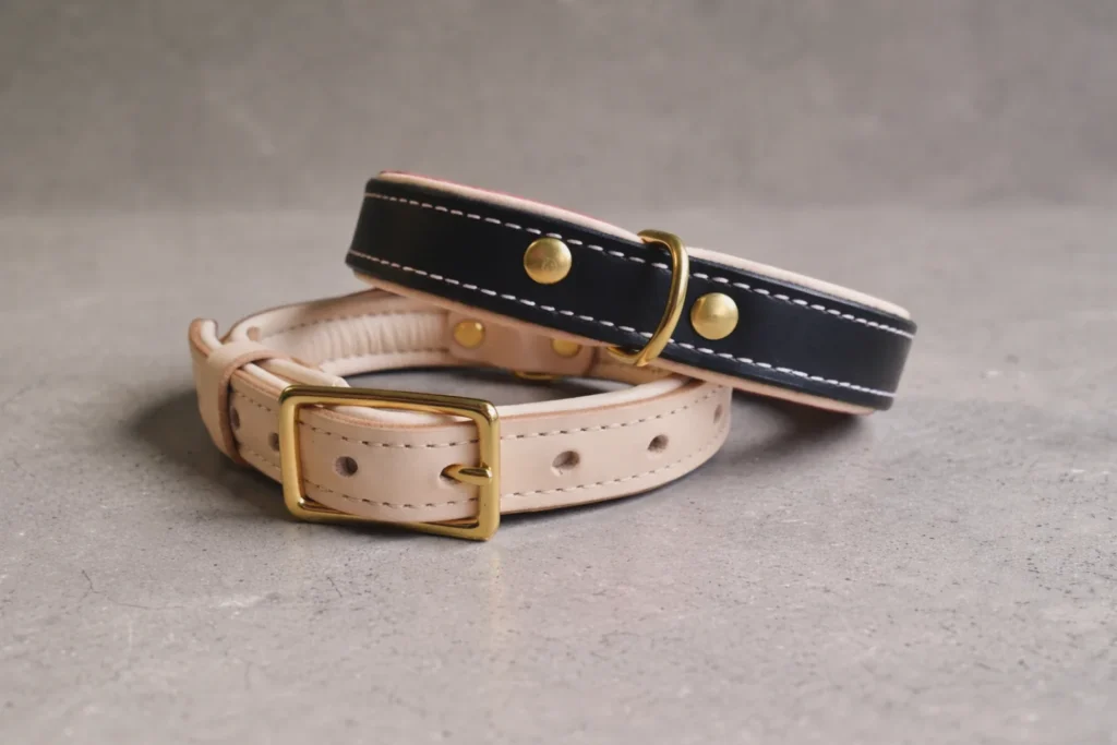 Minimalist two tone padded leather dog collar in natural nude and black with gold brass hardware