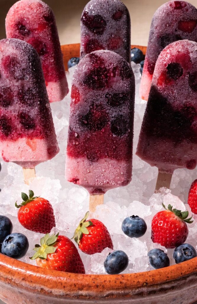 mixed berry frozen yogurt pops for dogs packed in bowl of crushed ice