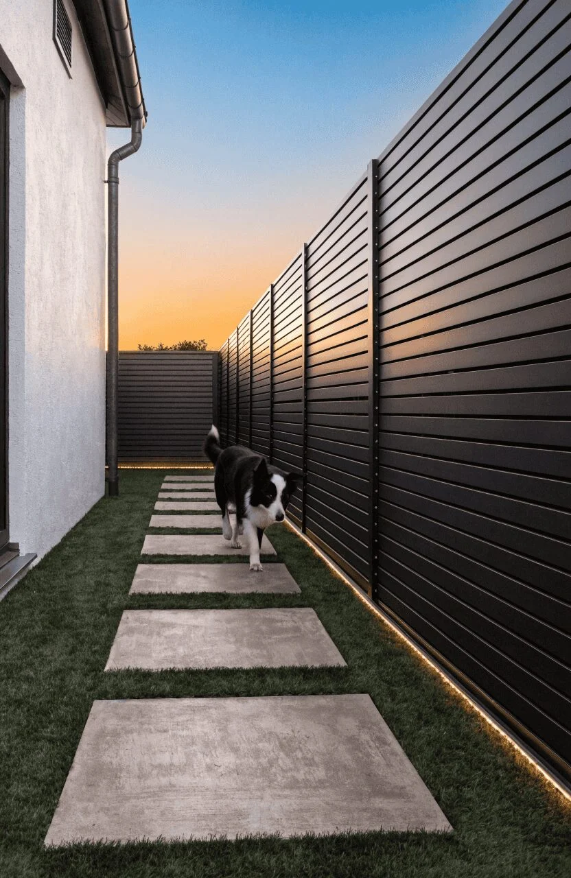 Minimalist modern side-yard dog run with black steel fence and concrete stepping stones