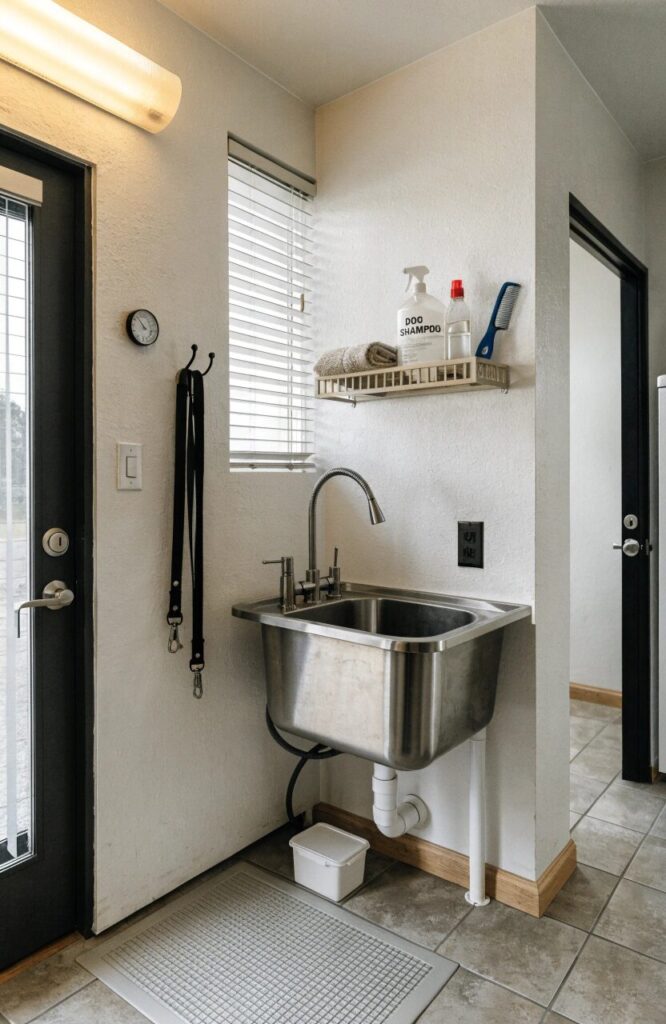 mudroom dog corner with washing station towel shelf and drain mat