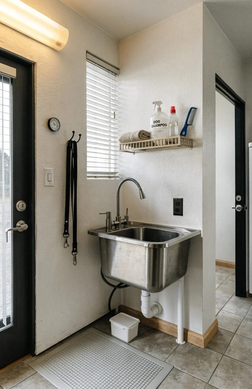 mudroom dog corner with washing station towel shelf and drain mat