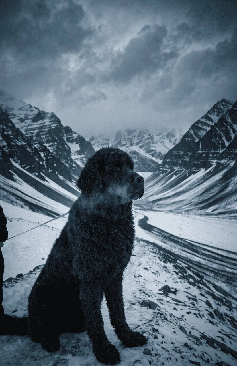 newfypoo large calm mixed dog breed with poodle in snow