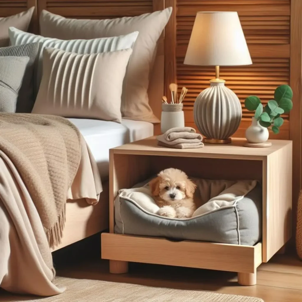 light oak nightstand with open lower cubby built-in dog compartment beside owners bed