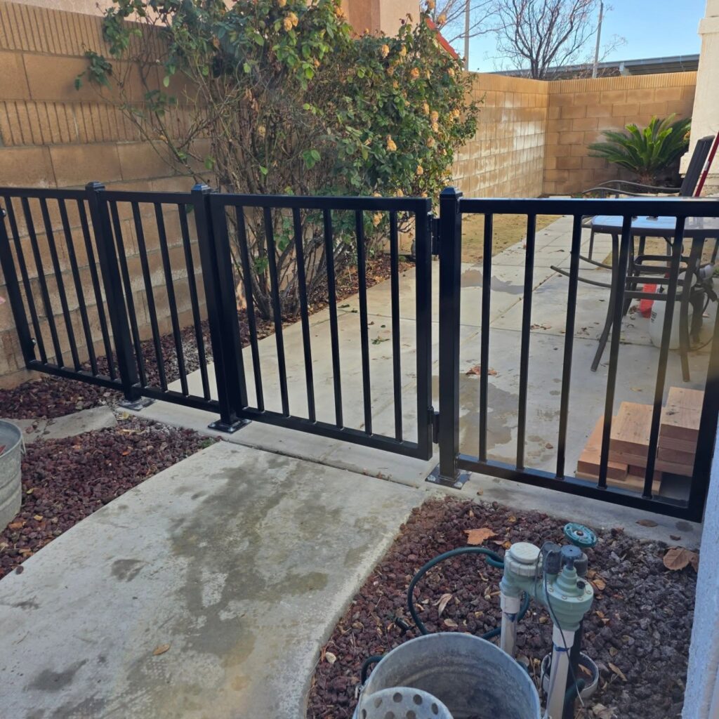 outdoor black aluminum patio dog gate with swing panel