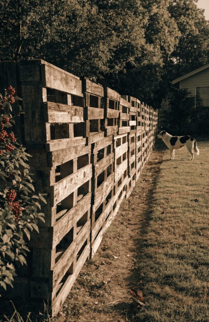 Pallet wood fence angled view for dog backyards