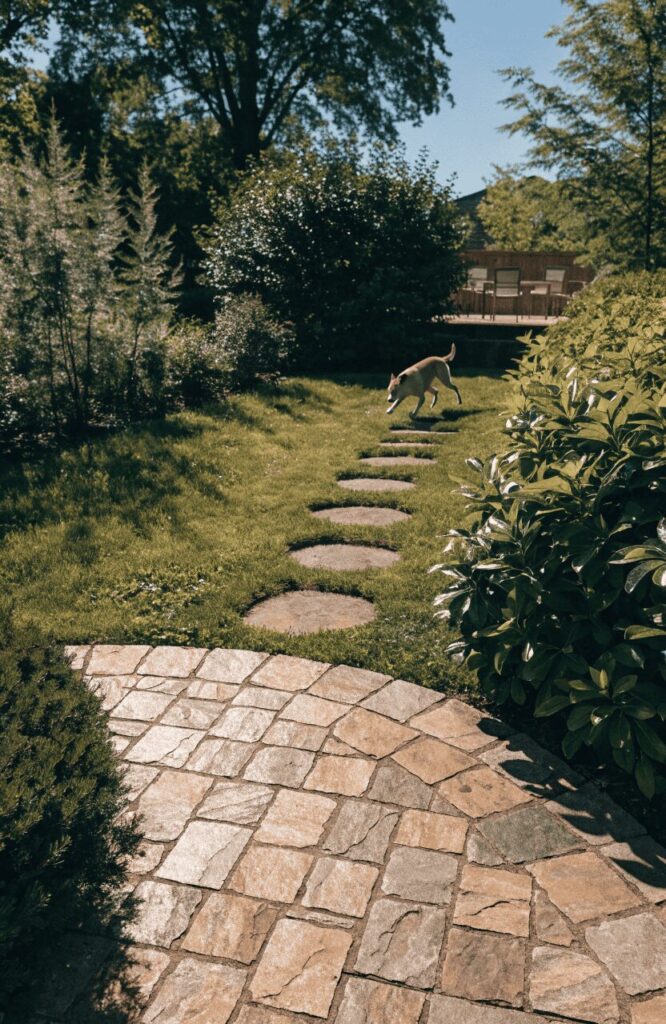 Paver stepping stones used in dog-friendly landscaping ideas