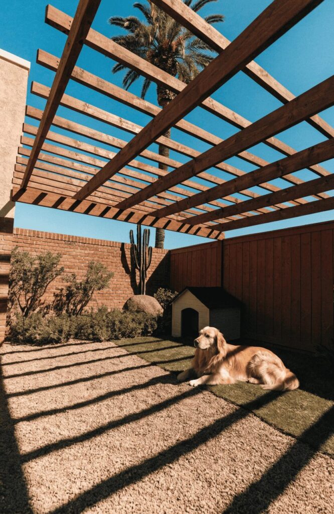 Shaded pergola dog run design for hot climates with doghouse retreat