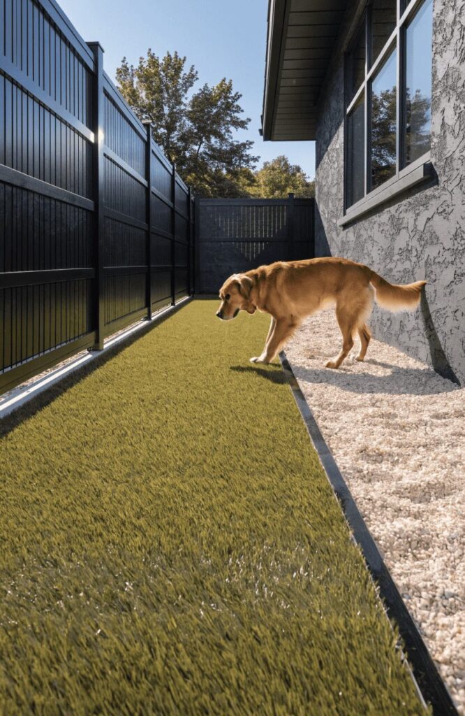 Pet-grade artificial turf dog run with a clearly defined pea gravel potty area