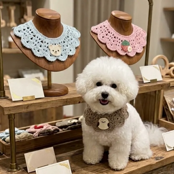 Peter Pan lace collar with teddy bear charm crochet dog collar idea