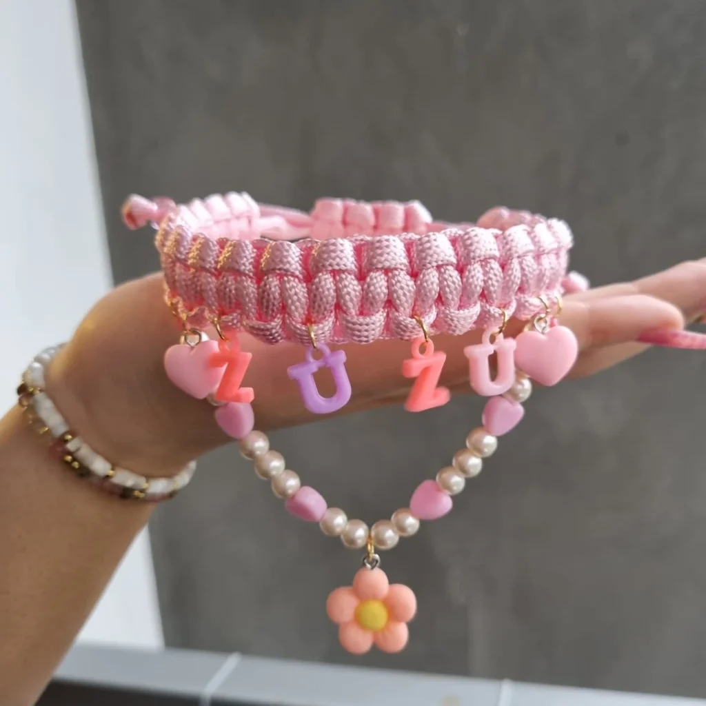 pink paracord dog collar with personalized letter charms