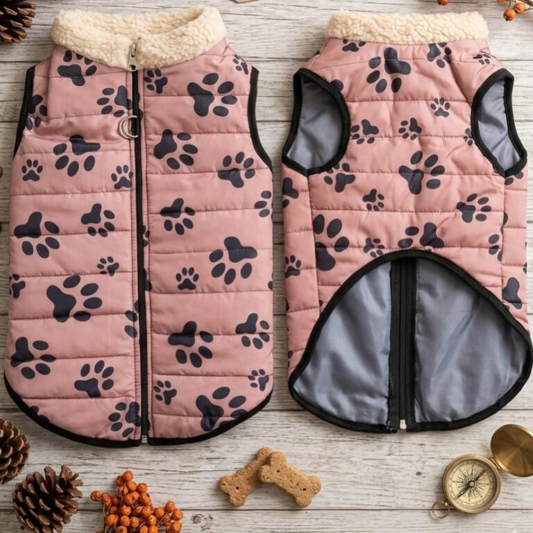 Pink paw print quilted dog vest with sherpa collar, front and back