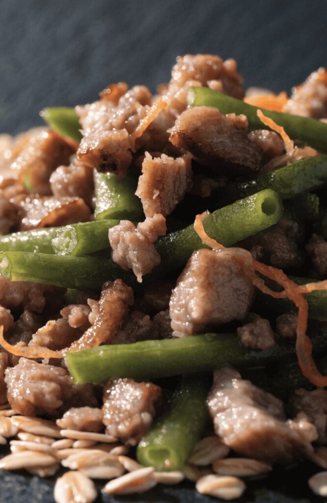Pork and green bean dog food close-up texture