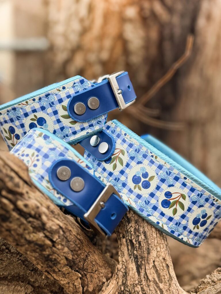 Printed fabric overlay leather dog collar with blue gingham and blueberry floral pattern on rustic wood