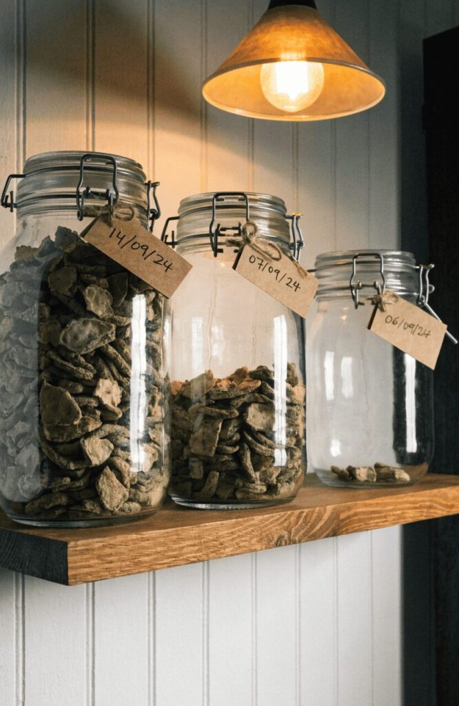 storing homemade green bean dog treats in airtight jars