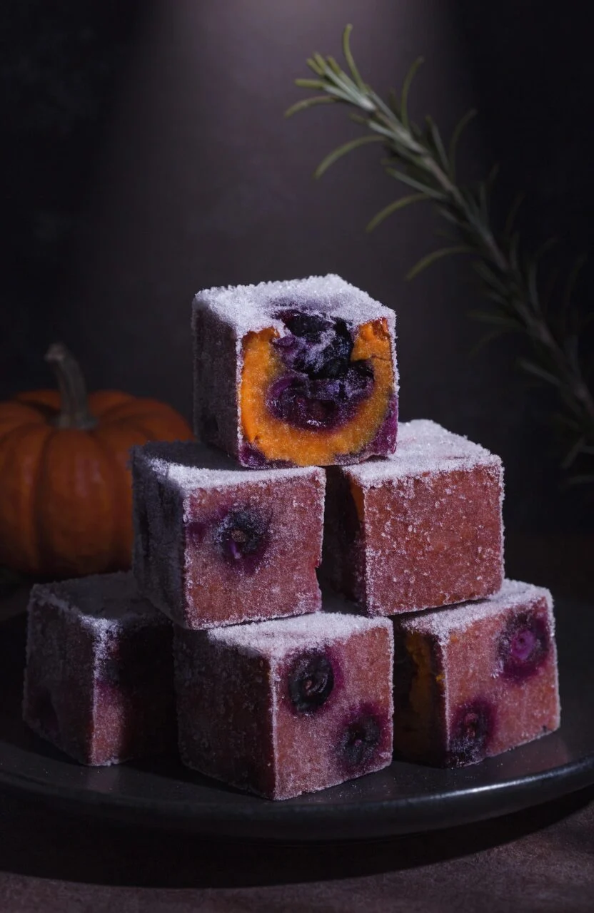blueberry pumpkin yogurt frozen cubes for dogs stacked on dark background