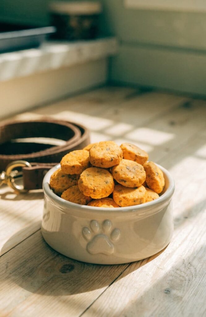 Pumpkin Yogurt Dog Treat bites served in a ceramic dog bowl