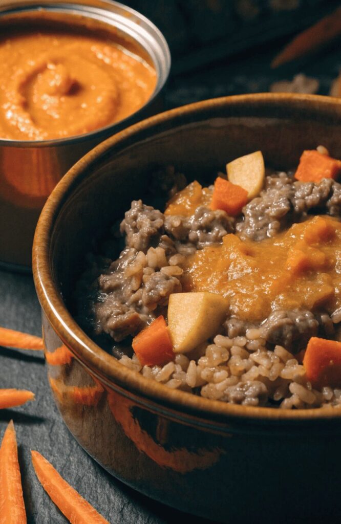 Homemade dog food with ground beef pumpkin and carrots
