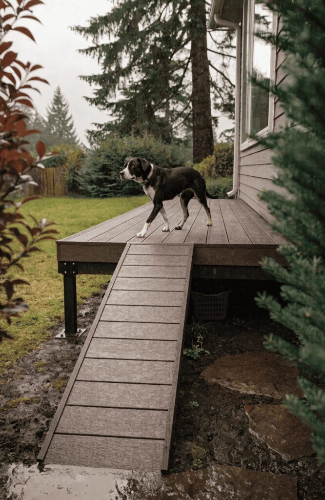 Raised deck dog run design keeping dogs above mud in rainy climates