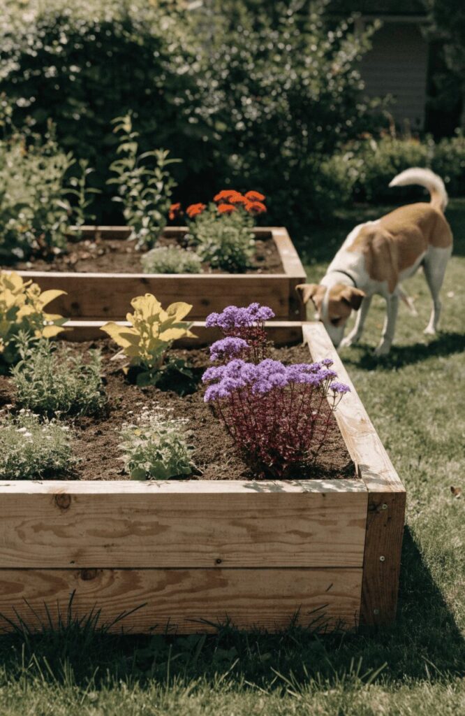 Raised garden beds protecting plants in a dog-friendly yard