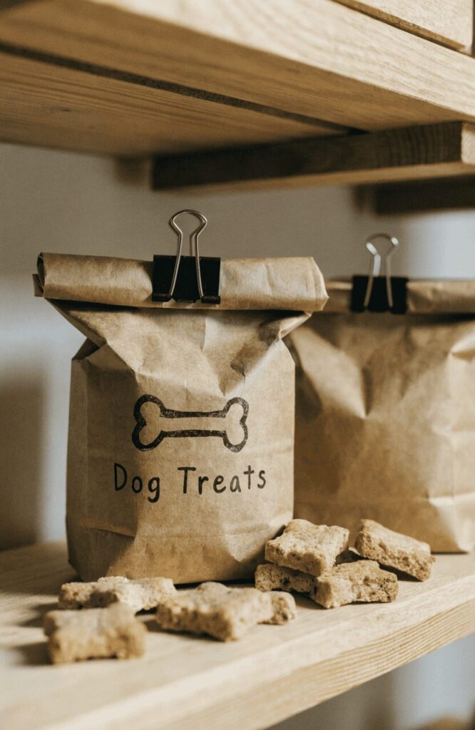 brown roll-top paper bag sealed with binder clip containing homemade dog biscuits