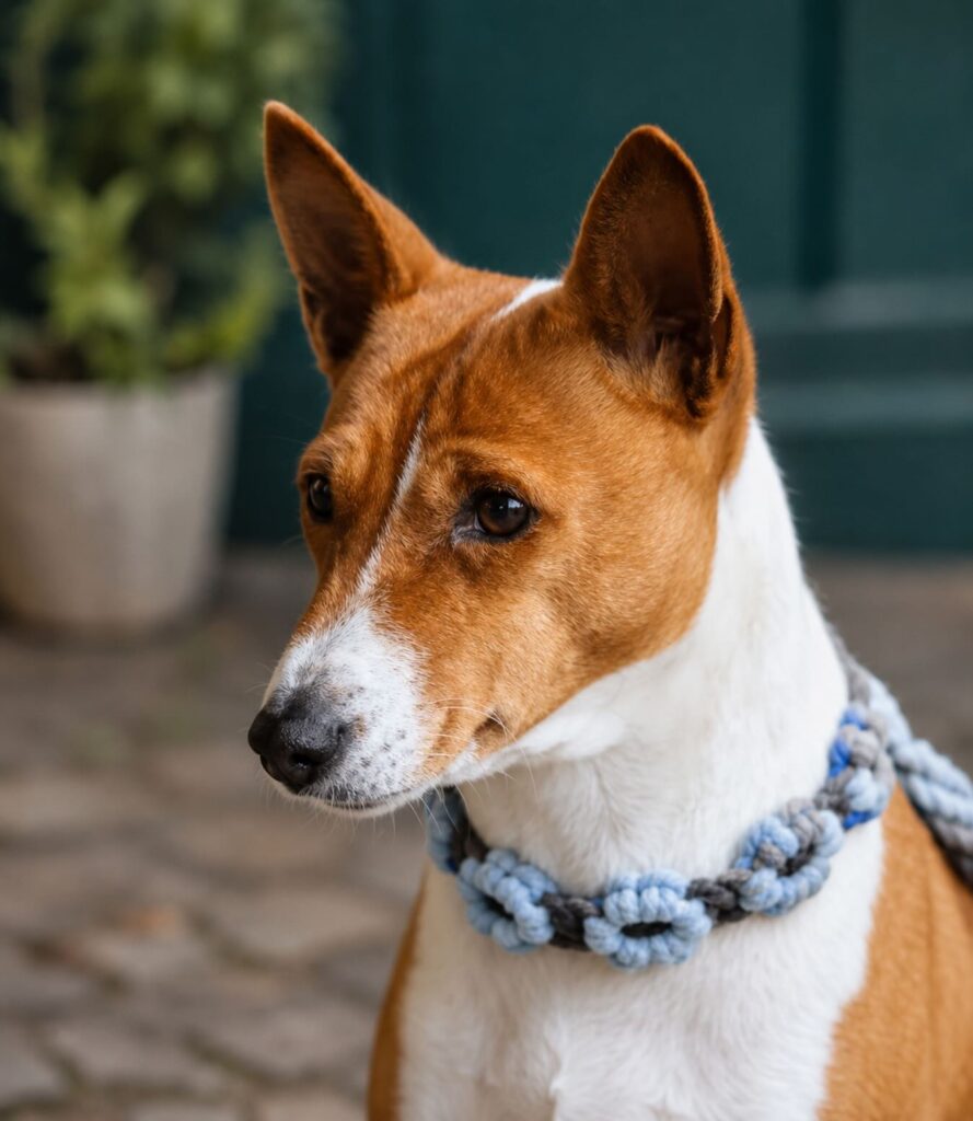rope knot minimalist handmade collar on a Basenji dog
