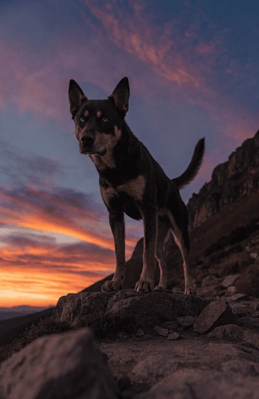 Rottsky large mixed breed mountain trail dusk