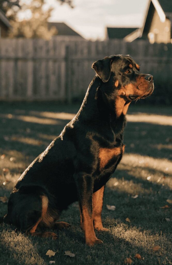 calm Rottweiler on guard in a backyard